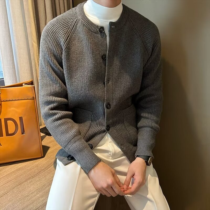 Cardigan Solid Color Round Neck Sweater Coat For Men