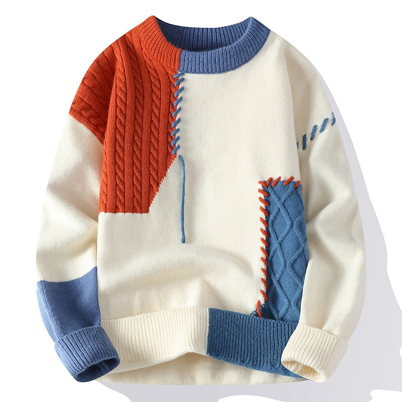 Ins Colorblock Pullover Sweater Winter Fashion Long Sleeve Knitted Top Men&