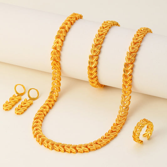 5pcs Retro Elegant 18k Gold Maple Leaf Women's Jewelry Set, Temperament Bridal Jewelry