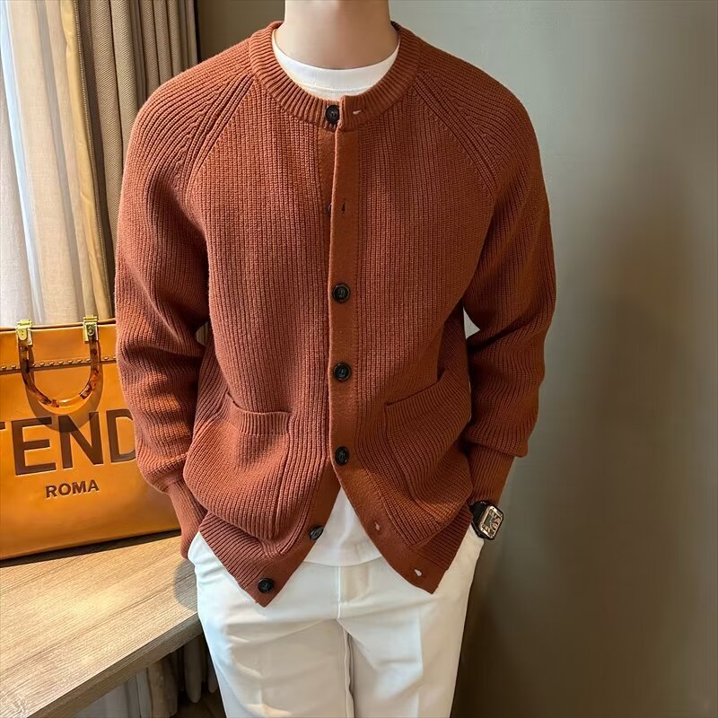Cardigan Solid Color Round Neck Sweater Coat For Men