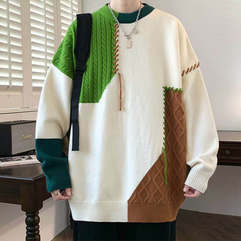 Ins Colorblock Pullover Sweater Winter Fashion Long Sleeve Knitted Top Men&