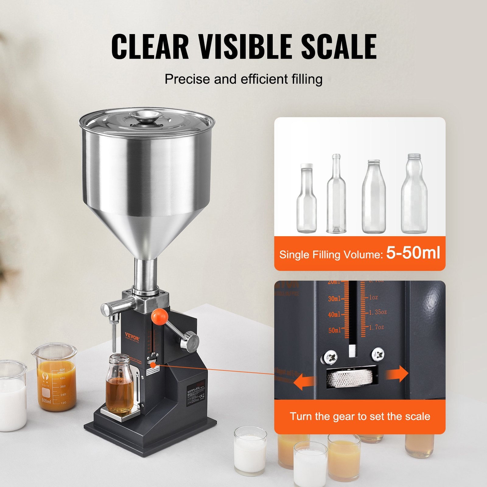 5–50 Ml Abfüllmaschine Manuell Flüssigkeitsabfüllmaschine Aus Lebensmittelechtem Edelstahl 304 Silikon PTFE Filling Machine Inkl. Zwei Düsen 4 Mm / 8 Mm Ideal Zum Abfüllen Von Honig Öl Essenz