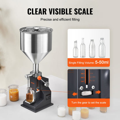 5–50 Ml Abfüllmaschine Manuell Flüssigkeitsabfüllmaschine Aus Lebensmittelechtem Edelstahl 304 Silikon PTFE Filling Machine Inkl. Zwei Düsen 4 Mm / 8 Mm Ideal Zum Abfüllen Von Honig Öl Essenz