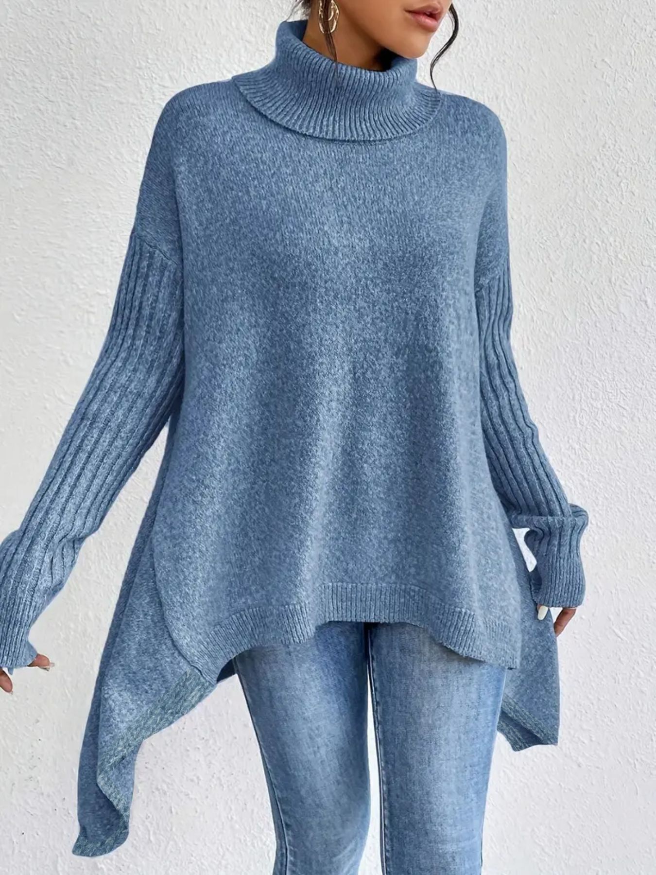 Irregular Turtleneck Sweater Winter Loose Long Sleeve Knitted Tops Leisure Warm Pullover Sweater Women&