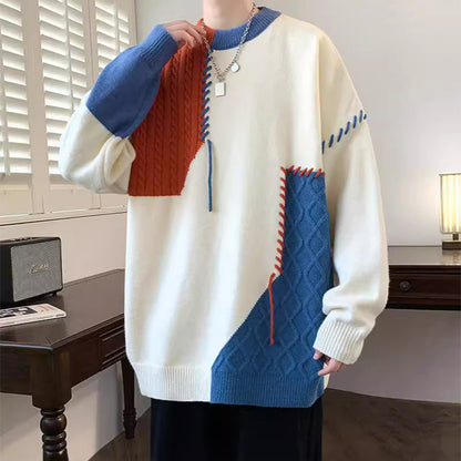 Ins Colorblock Pullover Sweater Winter Fashion Long Sleeve Knitted Top Men&