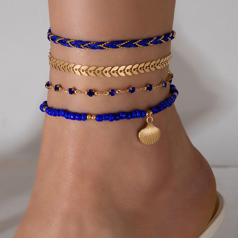 4pcs Set Bohemian Woven Rope Foot Chain For Men And Women Geometric Alloy Black Beads Dropping Oil Anklet Set Summer Fashion Jewelry