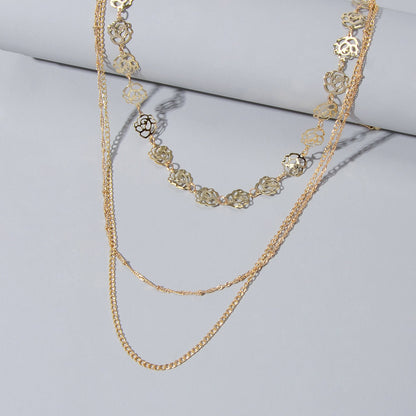 Multi-layer Gold Chain Flower Collar Necklace Ladies Fashion Party Accessories-4