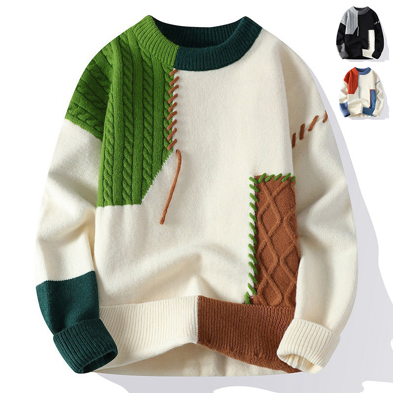 Ins Colorblock Pullover Sweater Winter Fashion Long Sleeve Knitted Top Men&