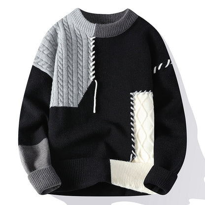 Ins Colorblock Pullover Sweater Winter Fashion Long Sleeve Knitted Top Men&