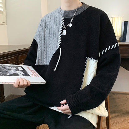 Ins Colorblock Pullover Sweater Winter Fashion Long Sleeve Knitted Top Men&