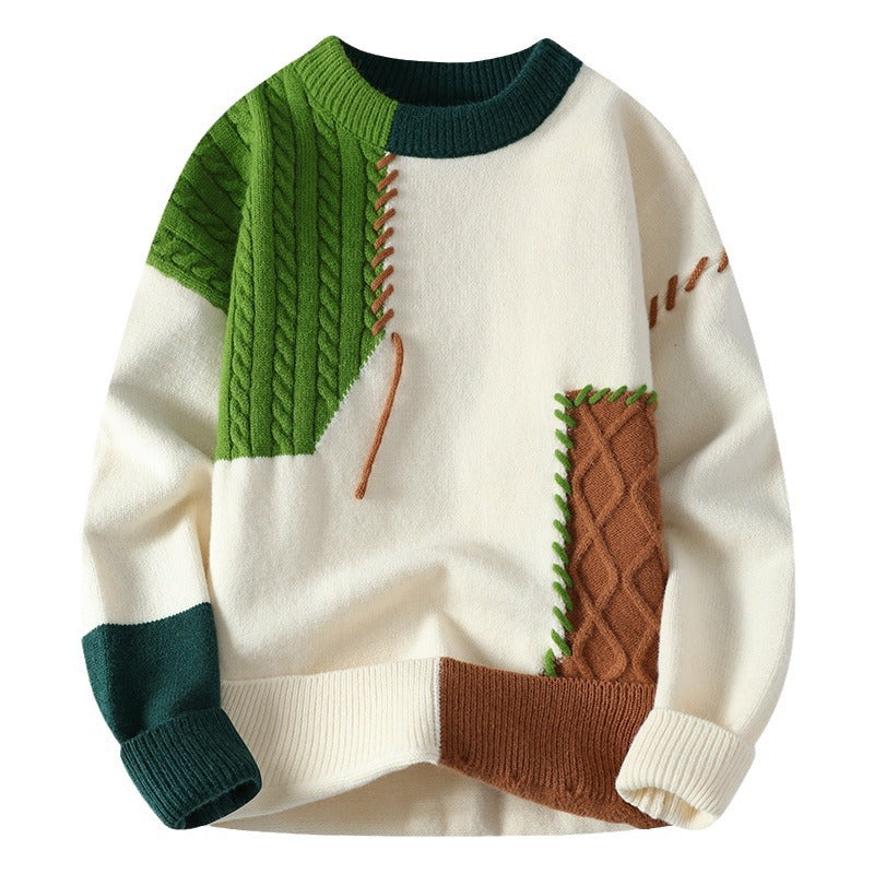 Ins Colorblock Pullover Sweater Winter Fashion Long Sleeve Knitted Top Men&