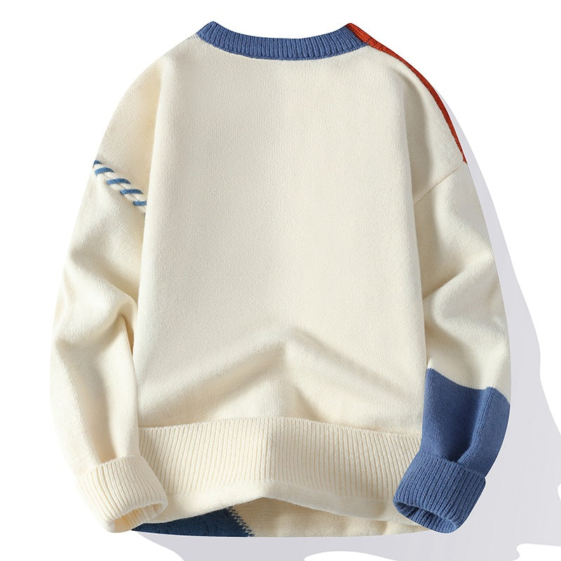 Ins Colorblock Pullover Sweater Winter Fashion Long Sleeve Knitted Top Men&